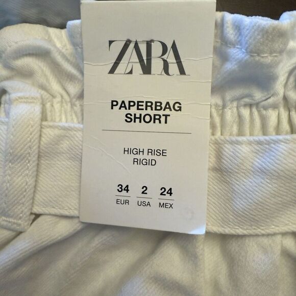ZARA Hi Rise Rigid Paperbag Shorts White Denim Belt Size 2 Cotton Pockets Cuff - Picture 8 of 14